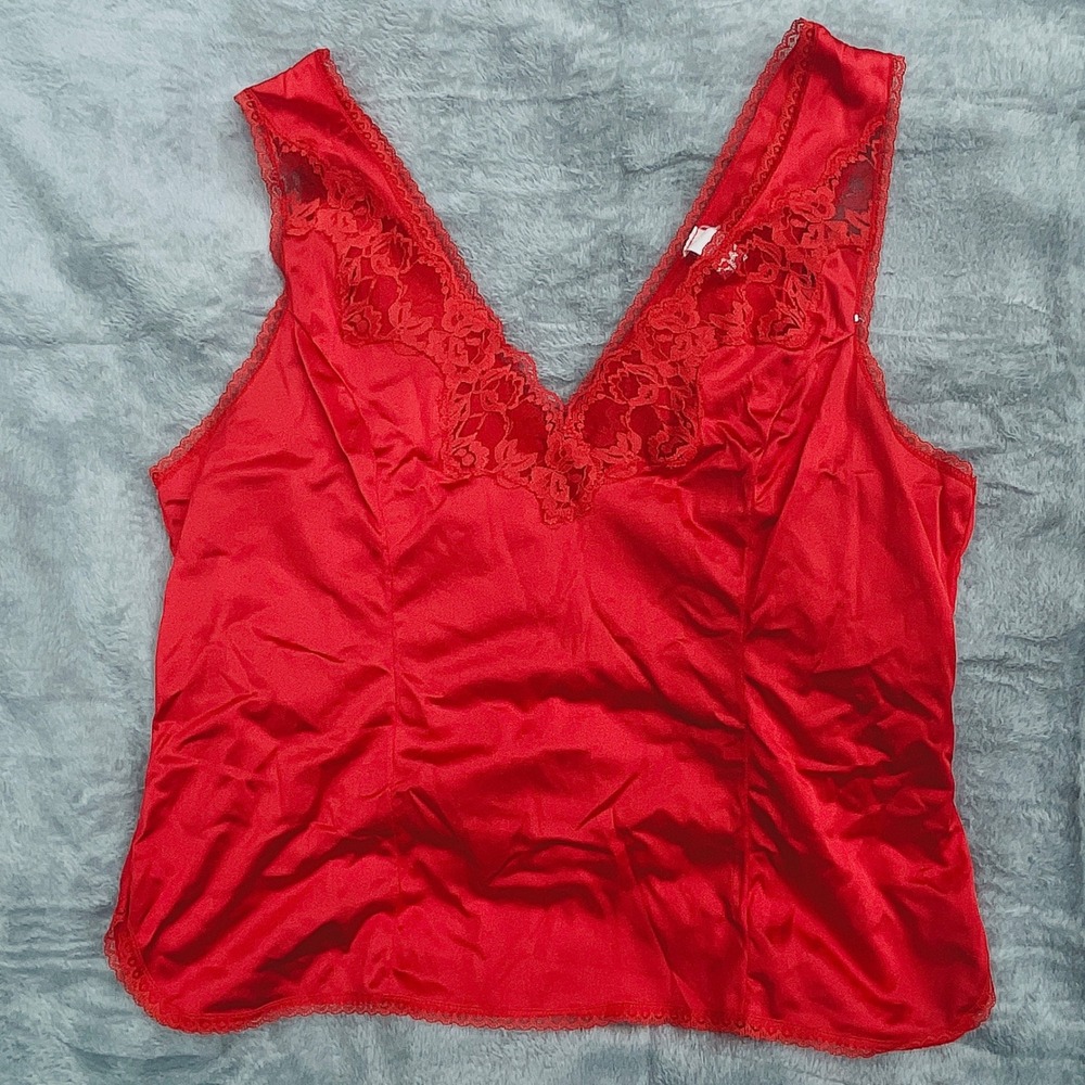 Vintage 70s–80s Bestform Red Nylon Lace Trim Cami Top‎ Size 40 Boudoir Coquette